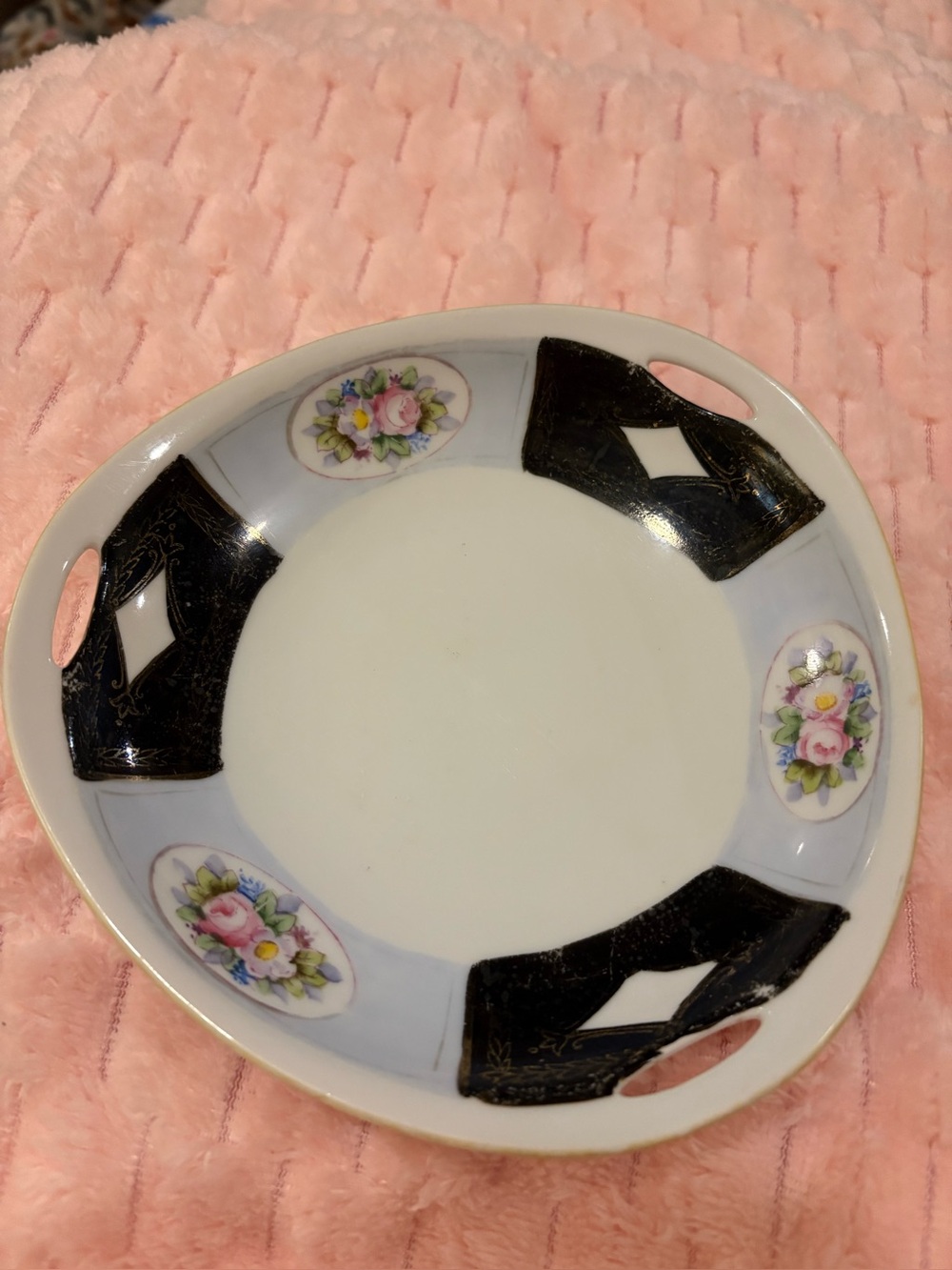 Floral Pink and Black Ceramic Serving Bowl